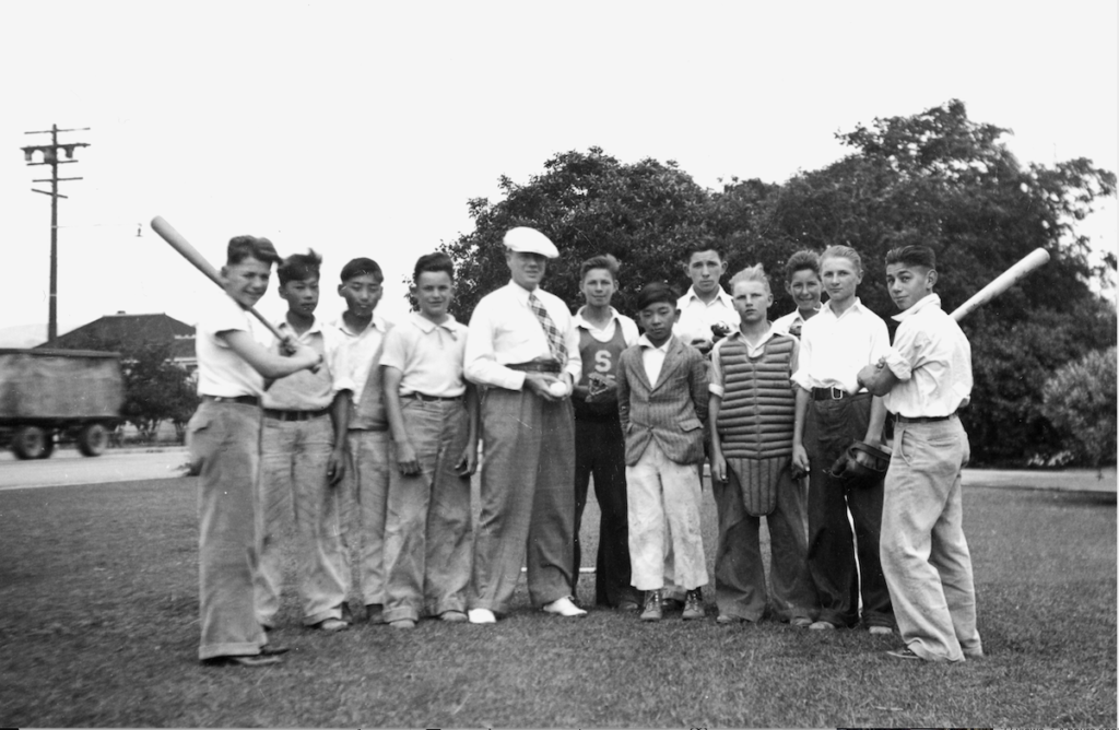 Irvington Grammar School joined the Washington Township baseball league in 1936 and fielded 12 players; they won half their games, playing Centerville, Mission San Jose, Niles, Decoto and Alvarado. Team members came from various backgrounds: George Nakamura, 2b; Ben Kawata, cf; Chris Gomes, p; Willie Borba, lf; Ben Mozzetti, rf; Alex Bier, fb; Walter George, ss; Richard Garcia, 3b; Albert George, c; John Ura, John Soares and Melvin Garcia, substitutes. (Caption courtesy of Holmes, Philip & Jill M. Singleton)