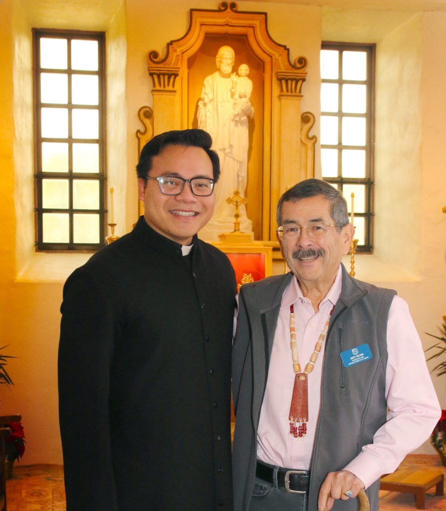 Native American Consultant Andrew Galvan (Right) worked with Fr. Anthony Le (Left) to make sure the museum accurately showed the story of the Ohlone people.  Photo credit: Victor Carvellas