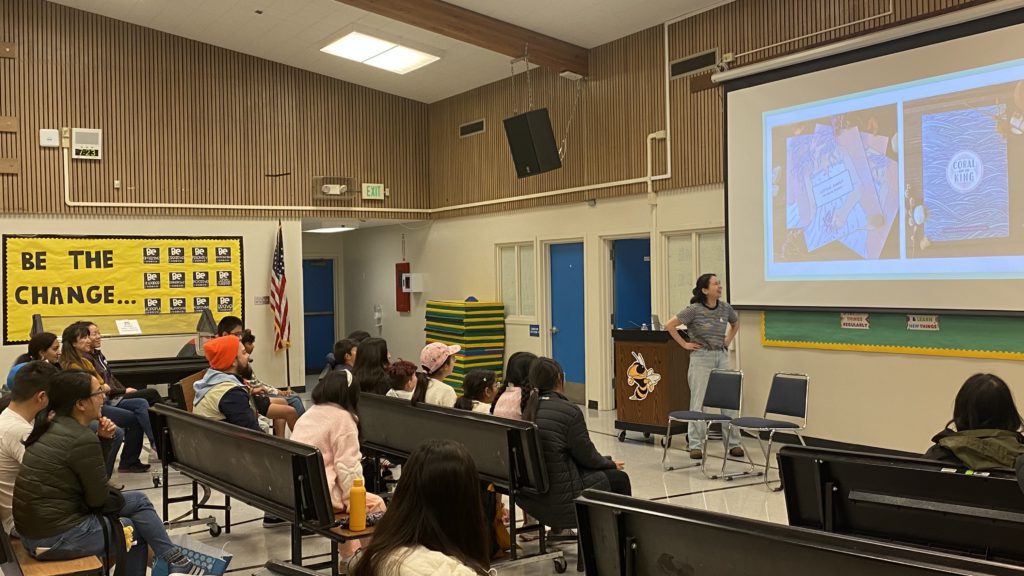 Local author Mai K. Nguyen shared her writing technique to Harvey Green Elementary students. Photo credit: Stephanie Uchida