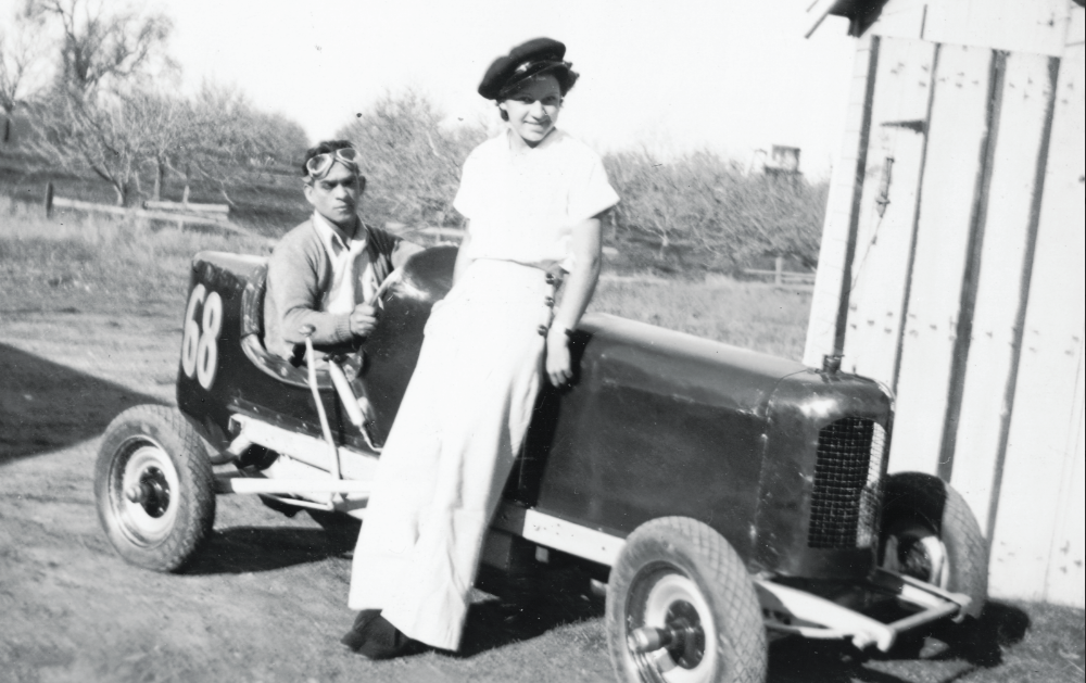 Siblings George and Adeline Amaral with race car #68, Centerville, 1930s. Courtesy of Washington Township Museum of Local History