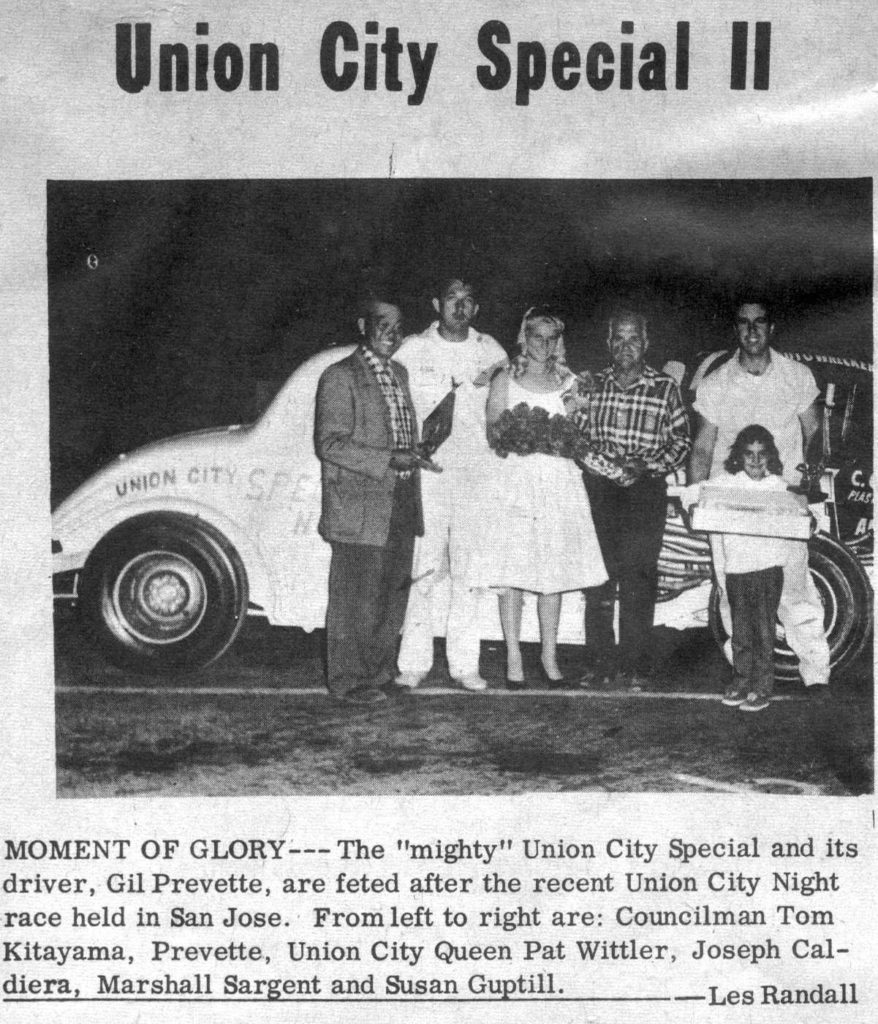 Gil Prevette of Union City wins ‘Union City Night’ at the San Jose Speedway in his car, Union City Special #66, San Jose, 1961. Courtesy of Washington Township Museum of Local History