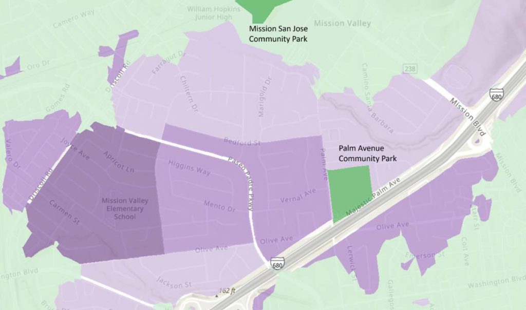 A city map shows the site of the future park sits in the middle of moderate (light purple) and high priority (dark purple) neighborhoods for increased park access. Courtesy of City of Fremont