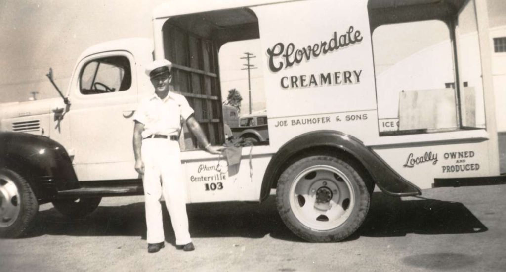 The Swiss Bauhofer family moved to Centerville in 1927 to operate the Innes-Cloverdale Dairy on the Chadbourne Ranch (now the Fremont Hub Shopping Center). In 1938, the family opened Cloverdale Creamery on Main Street (Fremont Blvd.). The beloved location closed in 2001. Pictured here is Joe Bauhofer Jr. with one of the creamery trucks. (Centerville) Courtesy of Washington Township Museum of Local History