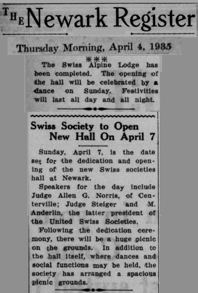  Clipping from the Newark Register—detailing the opening of Swiss Hall, 1935. (Newark) Courtesy of Washington Township Museum of Local History