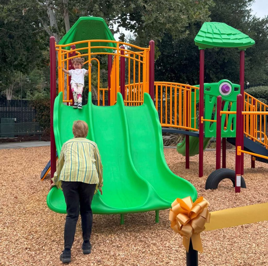  A girl on top of the play structure slides to her grandma during the Heritage Oak Park play structure ribbon-cutting ceremony. Roelle Balan 