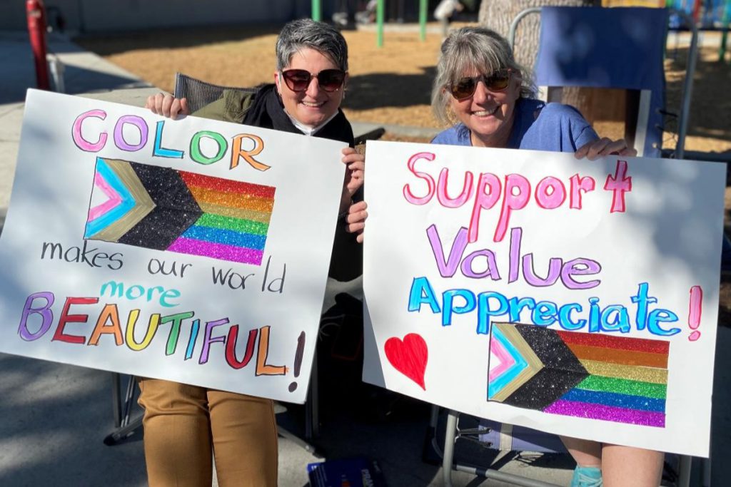 HER STORY Sue Granzella (right) protests in solidarity and support for LGBTQ+ rights at San Lorenzo Library after the Proud Boys stormed the library’s ‘Drag Story Hour’ in 2022.
Courtesy of Sue Granzella