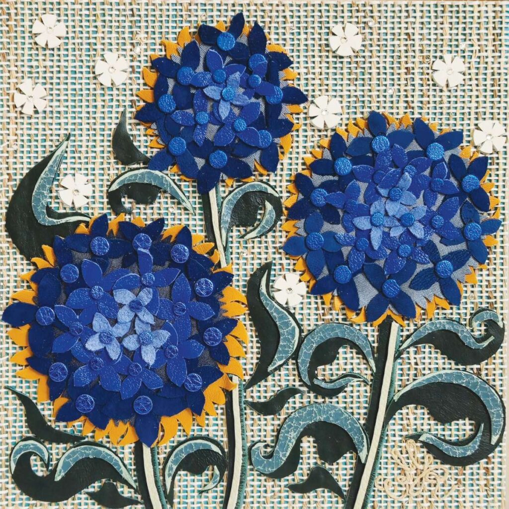 FLORAL FAUNA In Elena Mukhina’s work, leather takes on a new delicacy as she transforms it into vibrant scenes of flowers. Photos courtesy of FAA