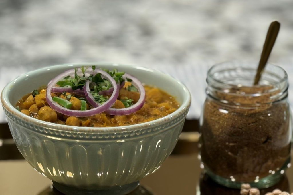 UP TOP Top Chana Masala with red onions and chopped cilantro.
Photos by Madhvika Singh