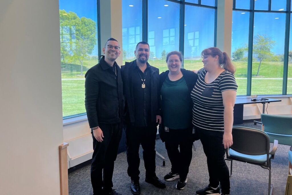 HISTORY MAKERS (Left to right) Louis Trevino and Vincent Medina of Café Ohlone teamed up with librarians Amy Hakanson and Brittany Hersh to make a permanent installation of Ohlone culture and history at Fremont Main Library.
Courtesy of Amy Hakanson