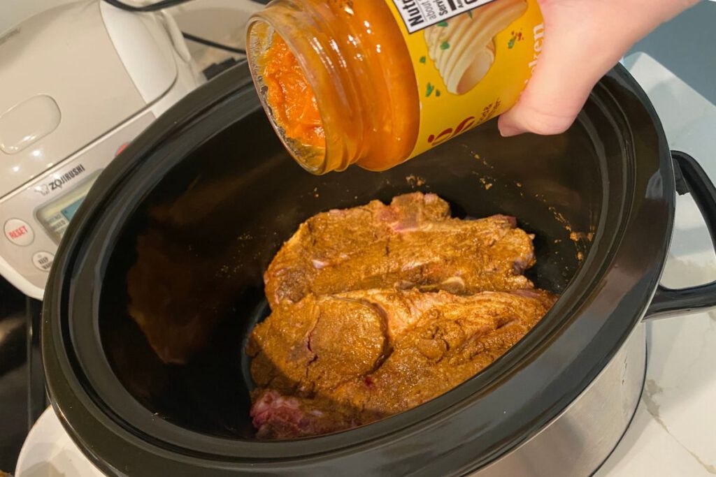 POUR OVER Pour sauce over lamb and spread it around so the protein is covered. Stephanie Uchida