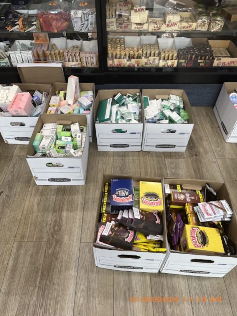 FORBIDDEN FLAVORS Boxes of Flavored tobacco products and vapes were confiscated from the business Mt. Everest Smoke Shop on Jan. 29.